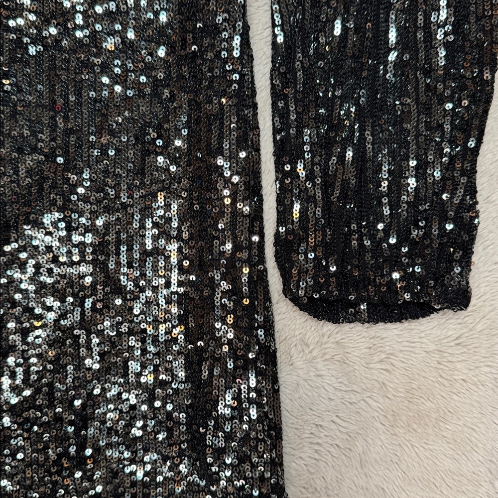 NWT Steve Madden Glittering Black Silver Sequin Shiny Long Sleeve Dress sz L - Picture 5 of 10